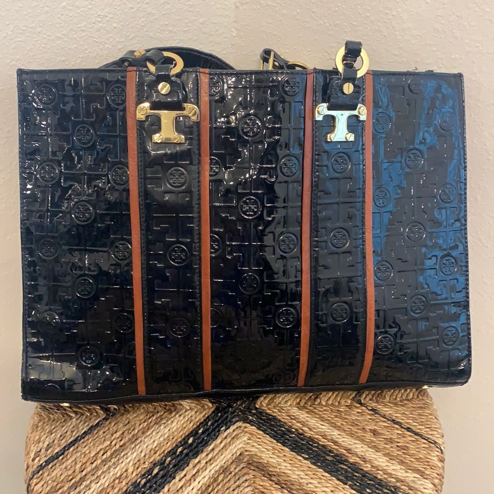 Tory Burch patented leather tote